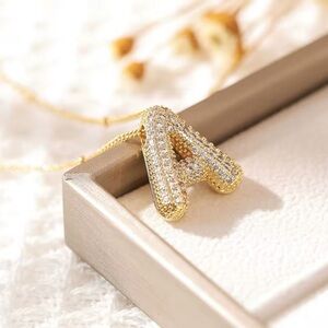 18K Gold Bubble Letter A Initial Pave Diamond Inlay Monogram Pendant Necklace
